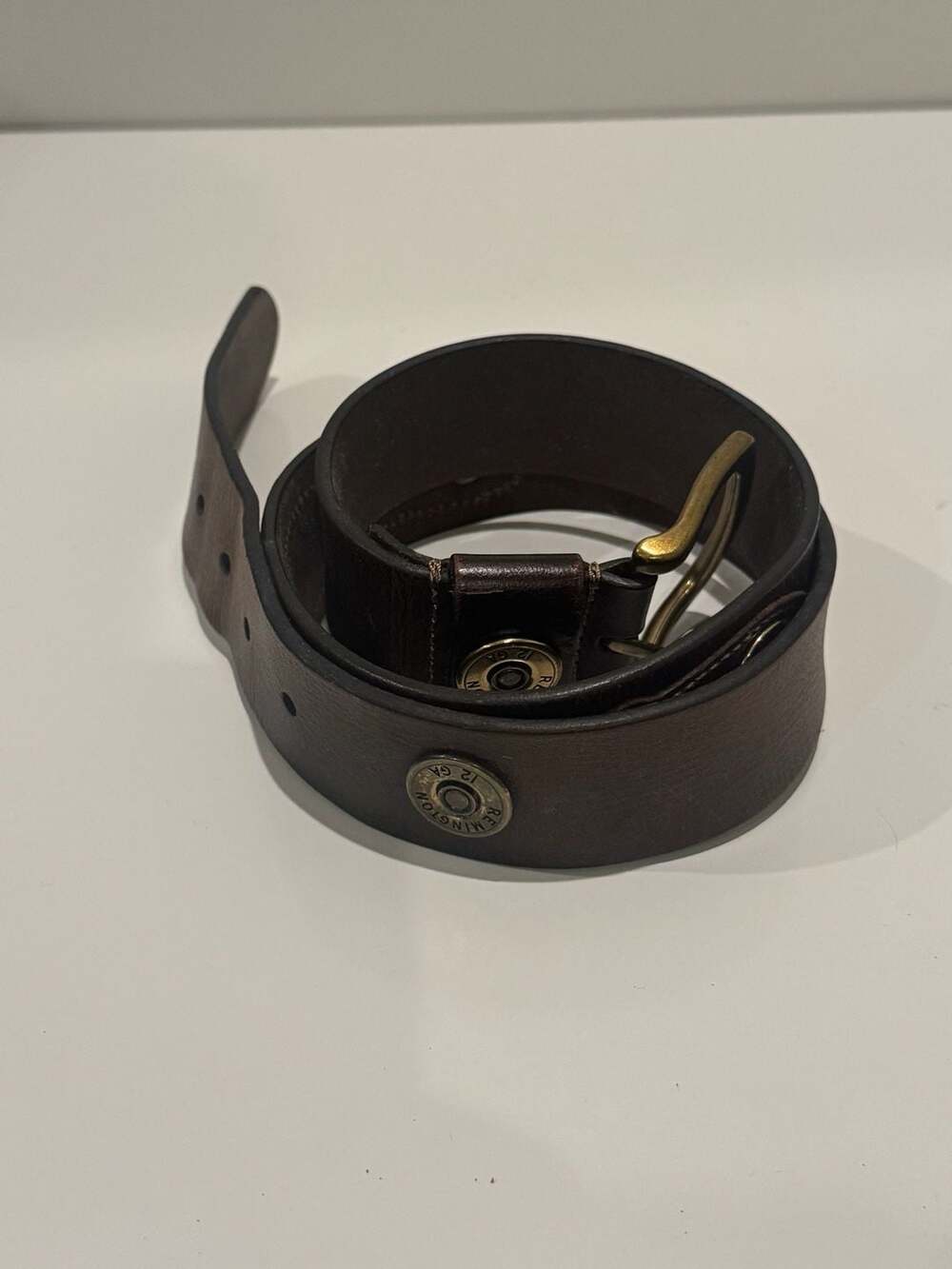 Remington Genuine Leather Men's Belt with 12 GA Shotgun and Brass Buckle